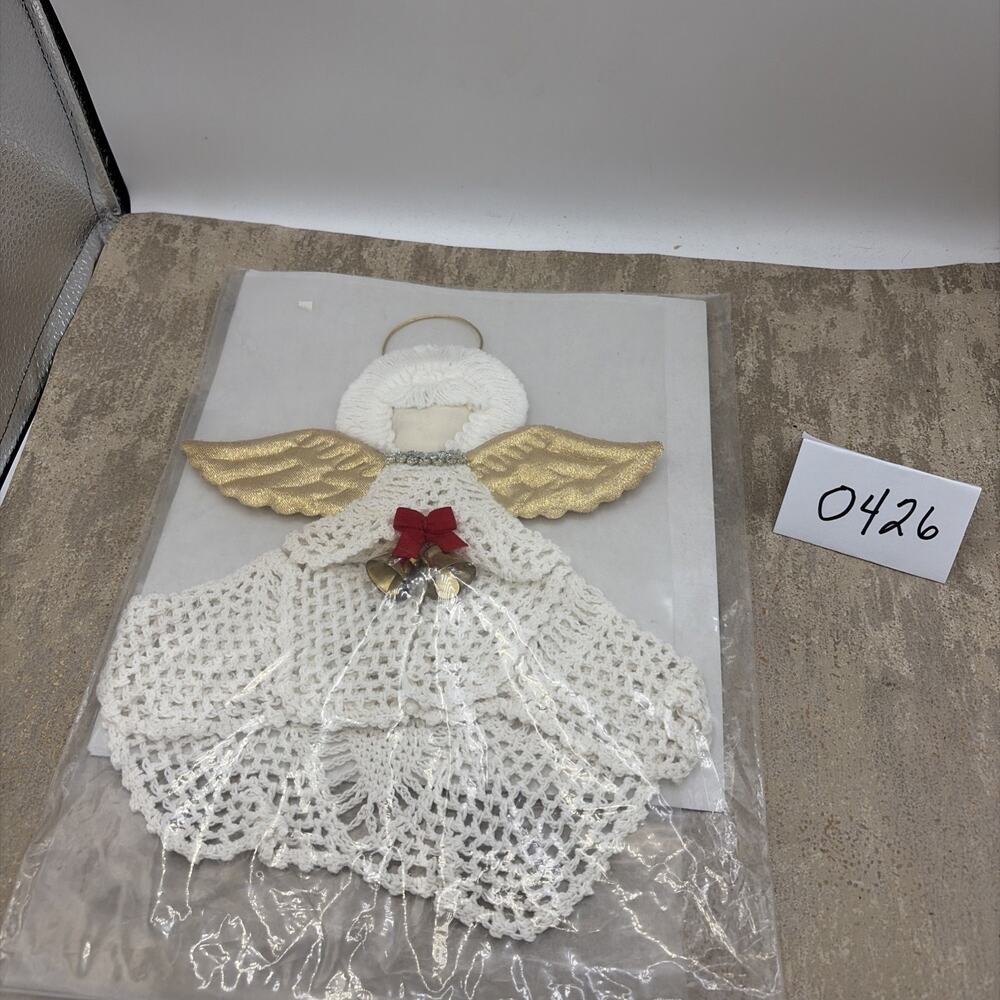 11” Handmade Crocheted & Fabric Christmas Angel Topper/Ornament Gold Wings